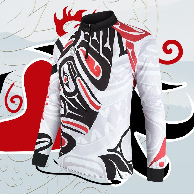 Long sleeve breathable fishing shirt with shark and traditional motifs and a stand collar — view 3