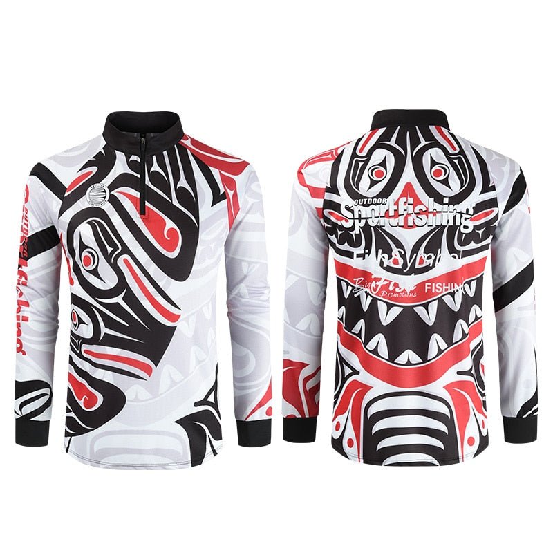 Long sleeve breathable fishing shirt with shark and traditional motifs and a stand collar — view 4