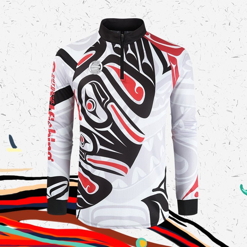 Long sleeve breathable fishing shirt with shark and traditional motifs and a stand collar — view 2