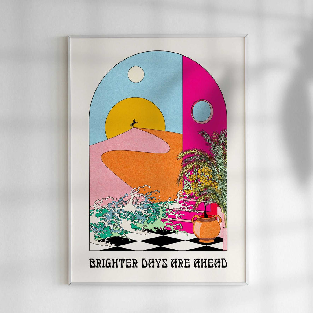Brighter Days Ahead art print featuring a coastal sun and sea illustration on poster paper — view 2