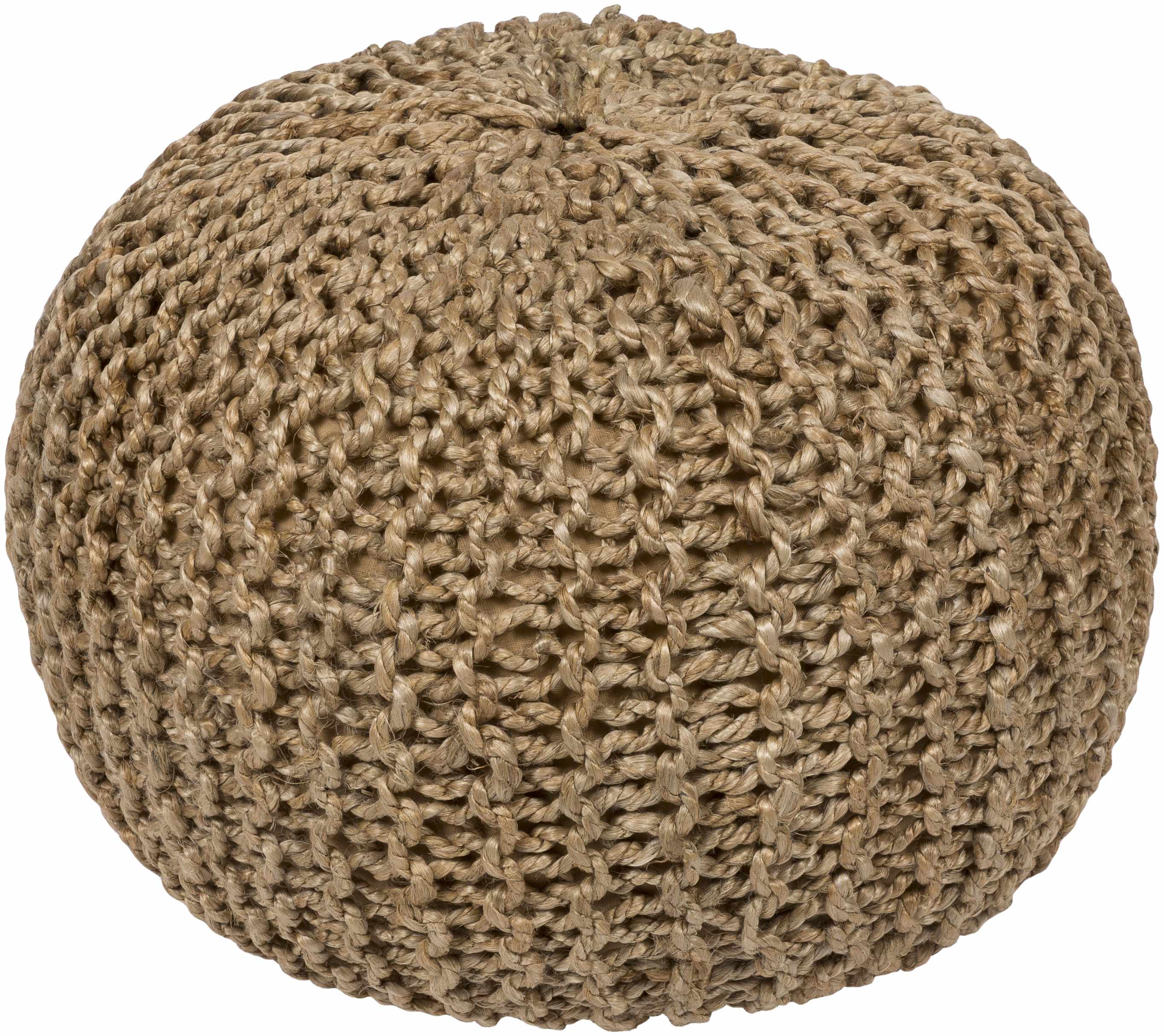 Round natural jute knitted pouf with textured surface, perfect for versatile floor seating and footrests — view 2