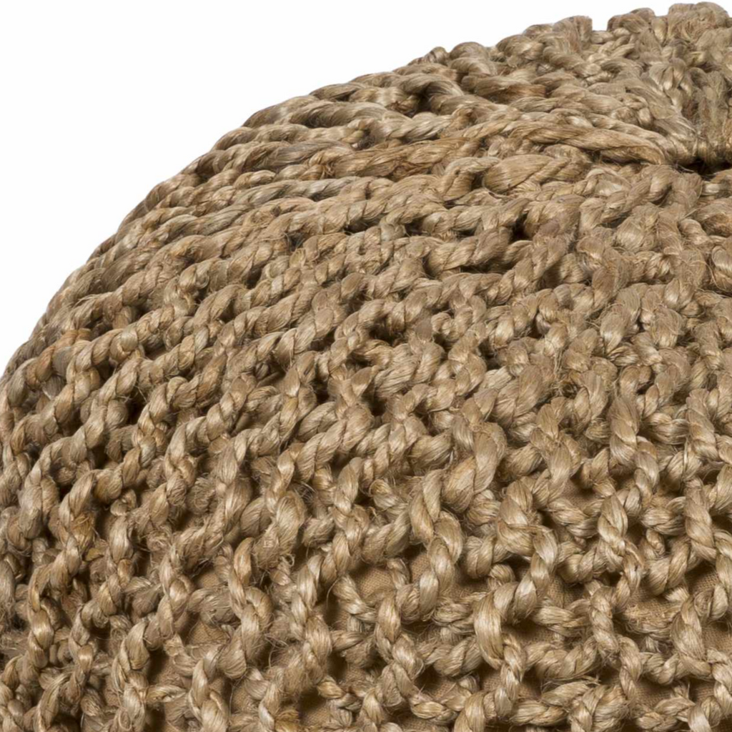Round natural jute knitted pouf with textured surface, perfect for versatile floor seating and footrests — view 4