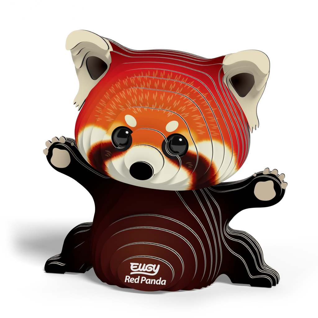 Red Panda 3D puzzle fully assembled from biodegradable cardboard, showing reddish coat and striped tail — view 3