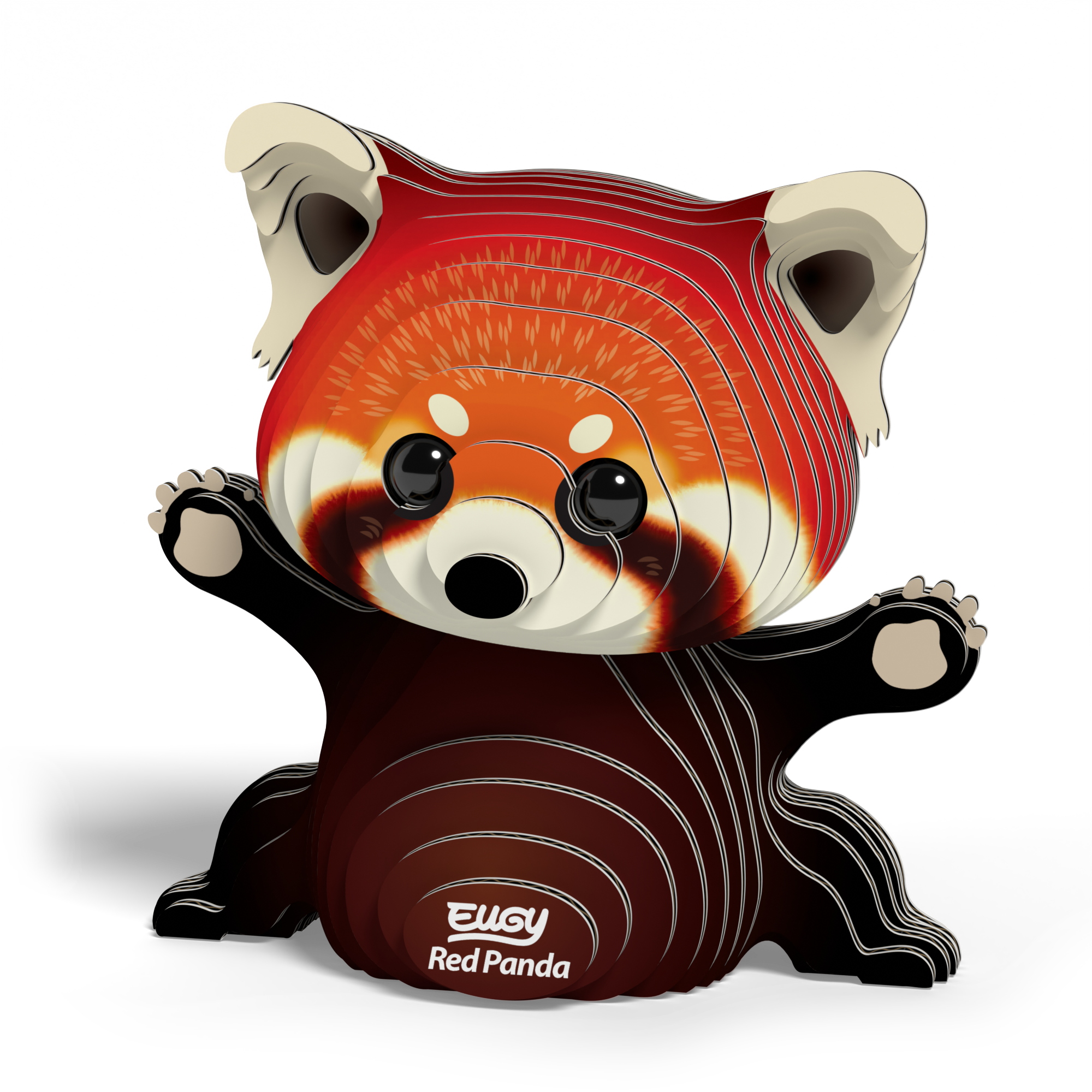 Red Panda 3D puzzle fully assembled from biodegradable cardboard, showing reddish coat and striped tail — view 3