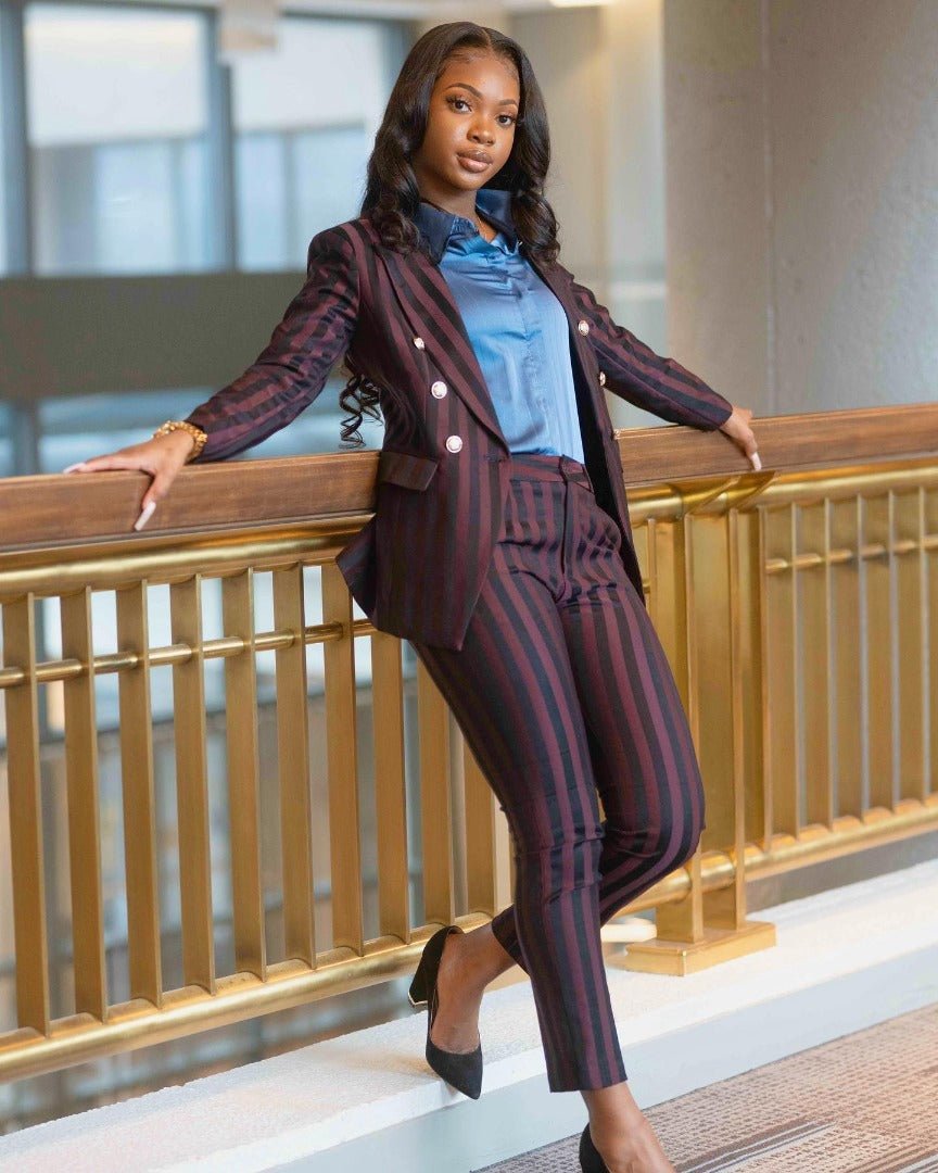 Burgundy stripped 2-piece pants suit (UK size 10)-1