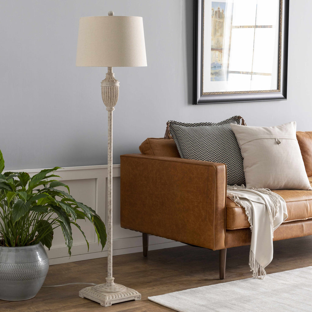 Traditional floor lamp featuring a detailed gray resin base and a classic white linen lamp shade — view 3