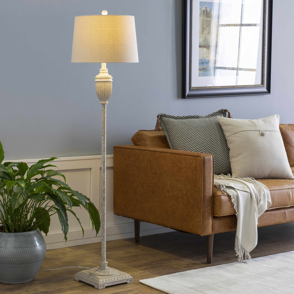 Traditional floor lamp featuring a detailed gray resin base and a classic white linen lamp shade — view 2