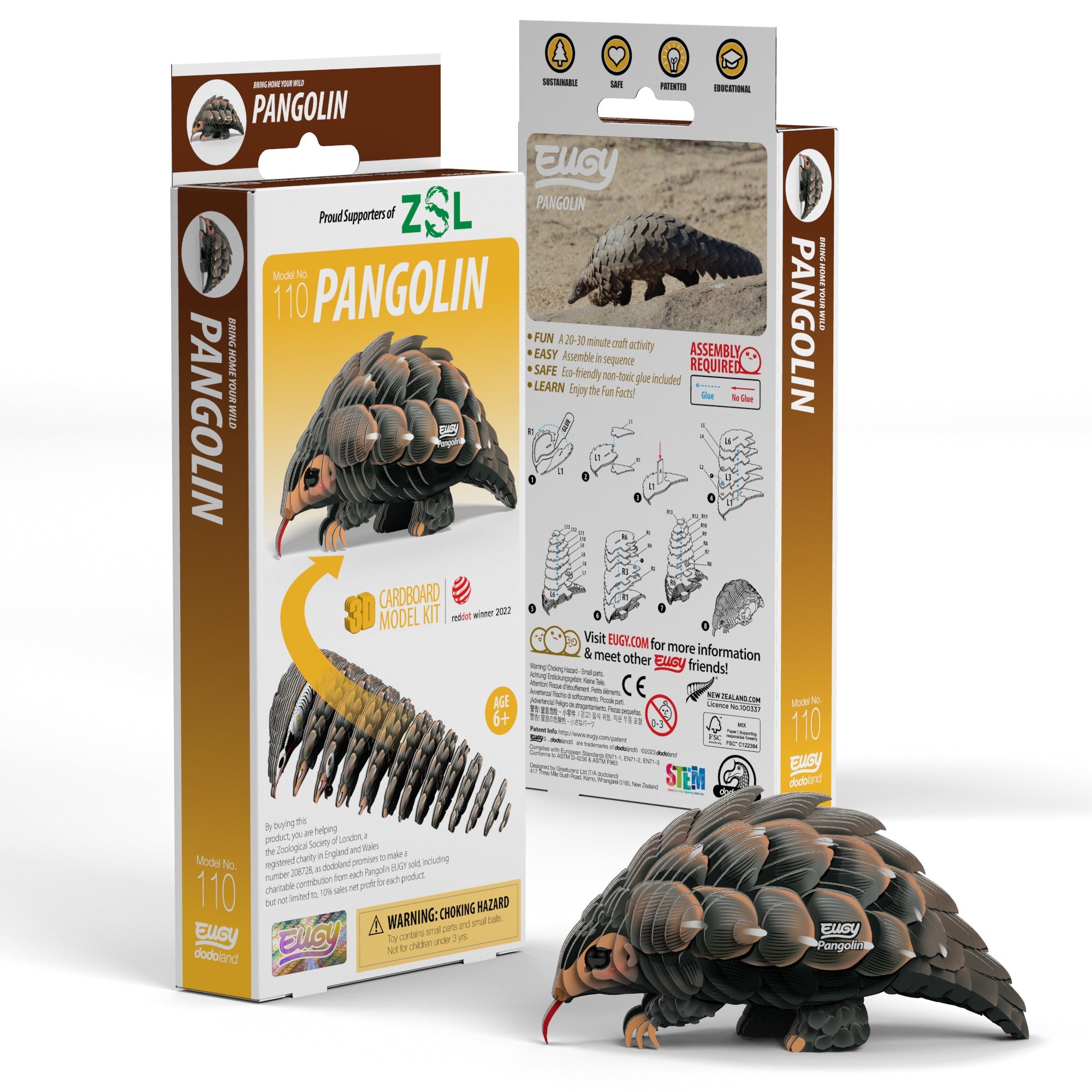 EUGY Pangolin 3D Puzzle made of eco-friendly brown cardboard featuring detailed protective scales