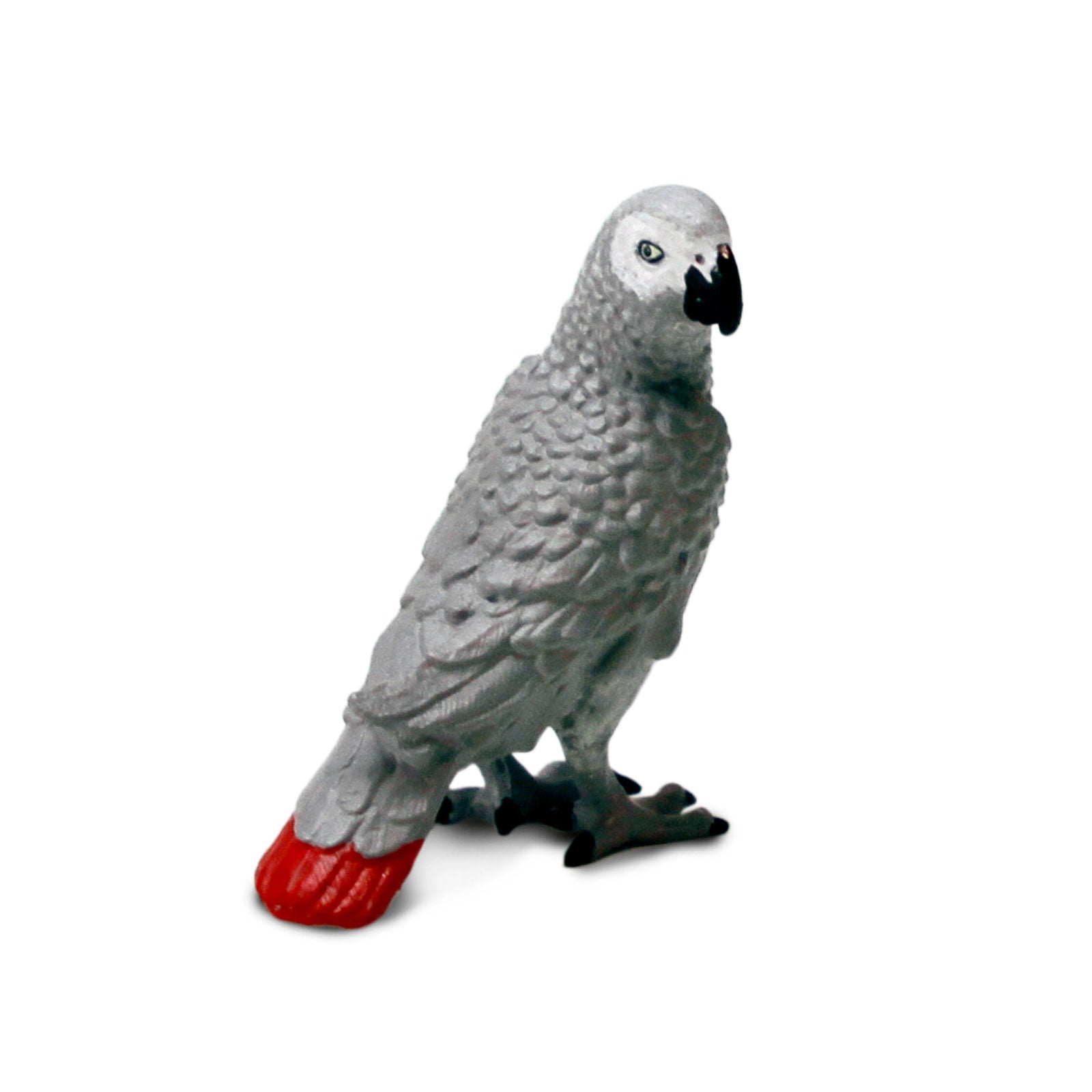 Detailed African Gray Parrot toy figure with gray feathers, red tail, and black beak — view 4