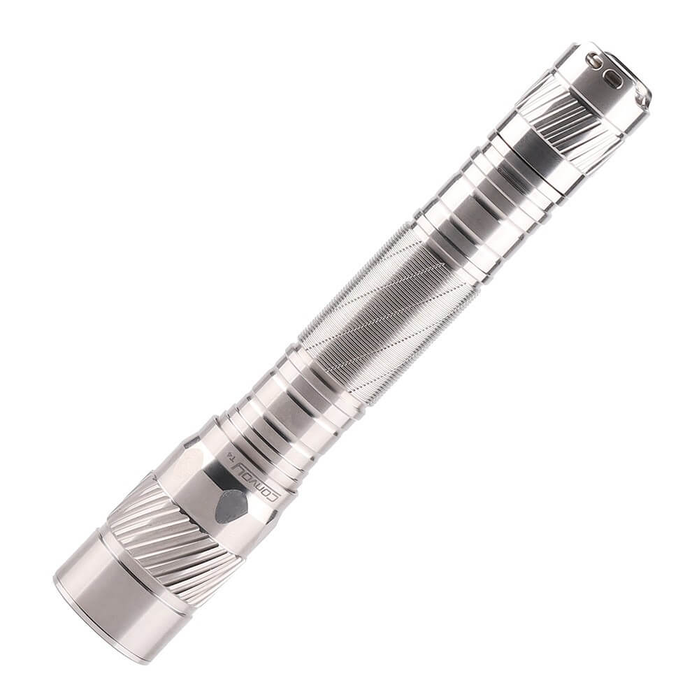 Metallic Convoy T4 Titanium EDC Flashlight showing orange peel reflector and tail switch