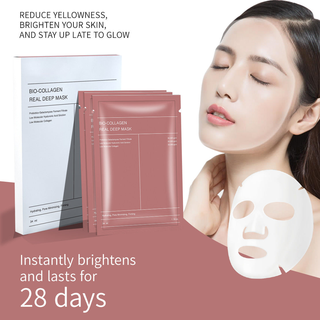 Pink bio-collagen facial sheet mask packet for deep hydration and anti-aging skincare — view 3