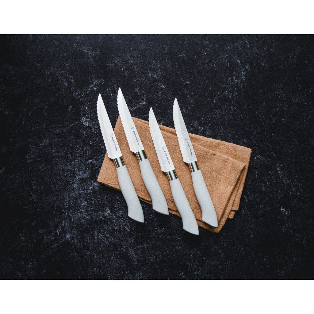 EcoCut 4-piece steak knife set with grey ergonomic handles and micro-serrated high-carbon German steel blades. — view 4