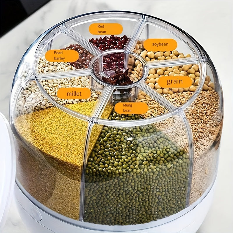 White round rotating grain storage box with flip top and divided compartments for pantry organization — view 2