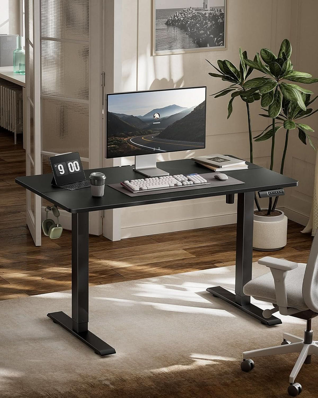 Modern electric adjustable standing desk with a 48x24 wooden desktop and sturdy black steel frame — view 2