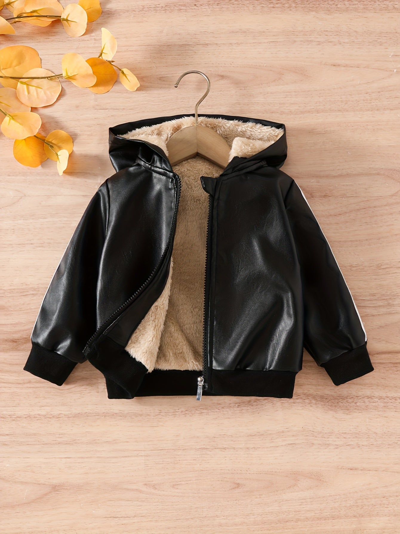 Boys casual hooded winter jacket with plush lining and front zipper closure for cold weather — view 3
