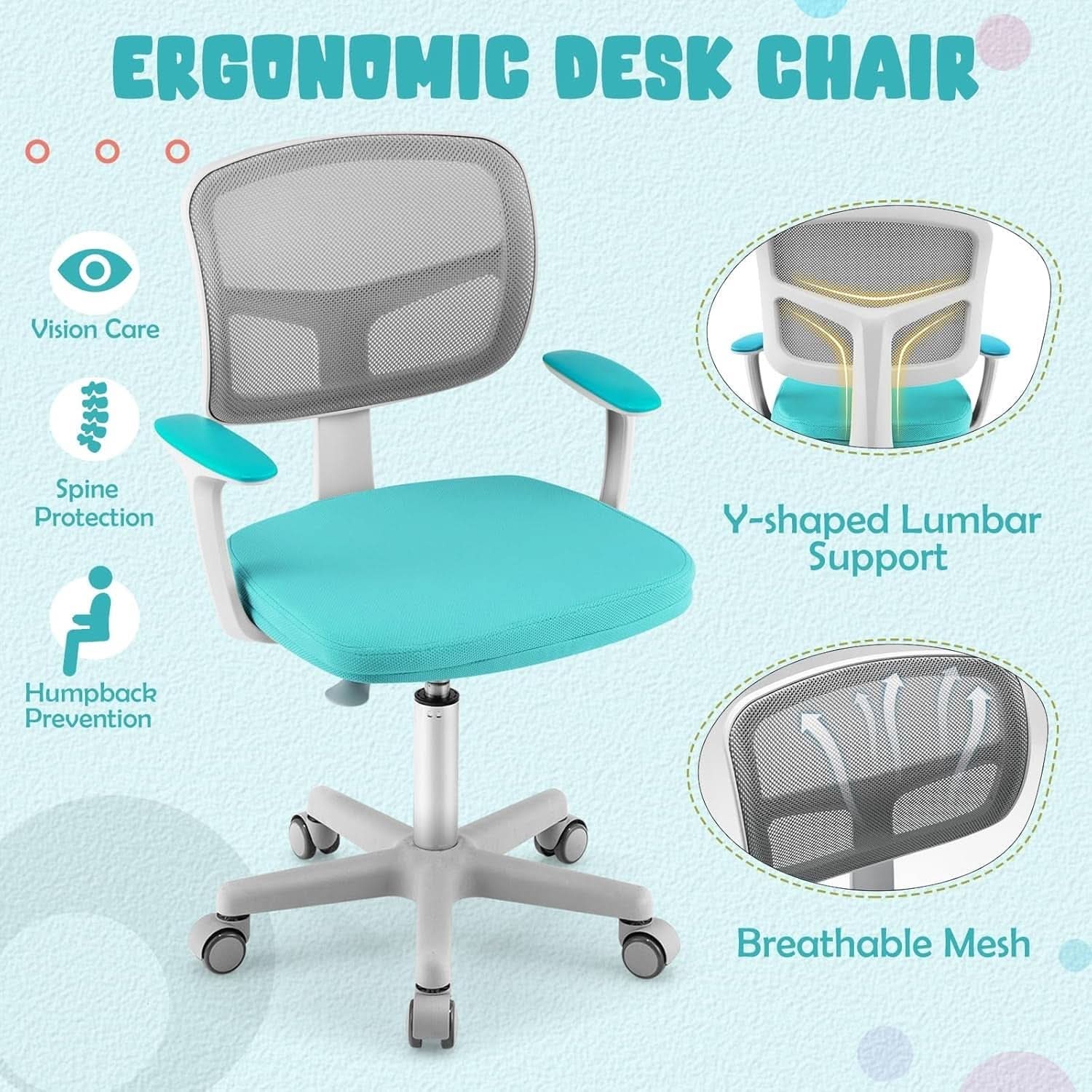 Cyan ergonomic kids desk chair with breathable mesh back, padded armrests, and rolling casters. — view 4
