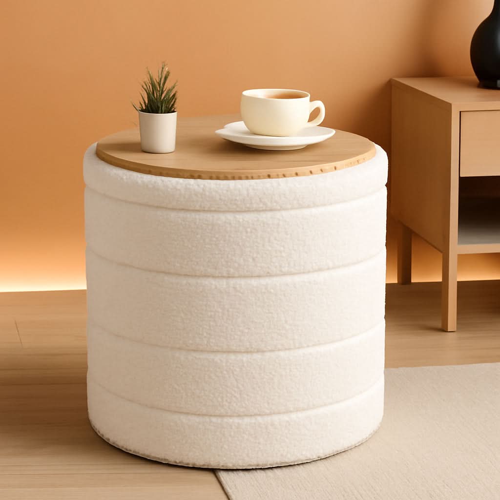 Round white velvet storage ottoman with flippable wooden tray top used as a coffee table