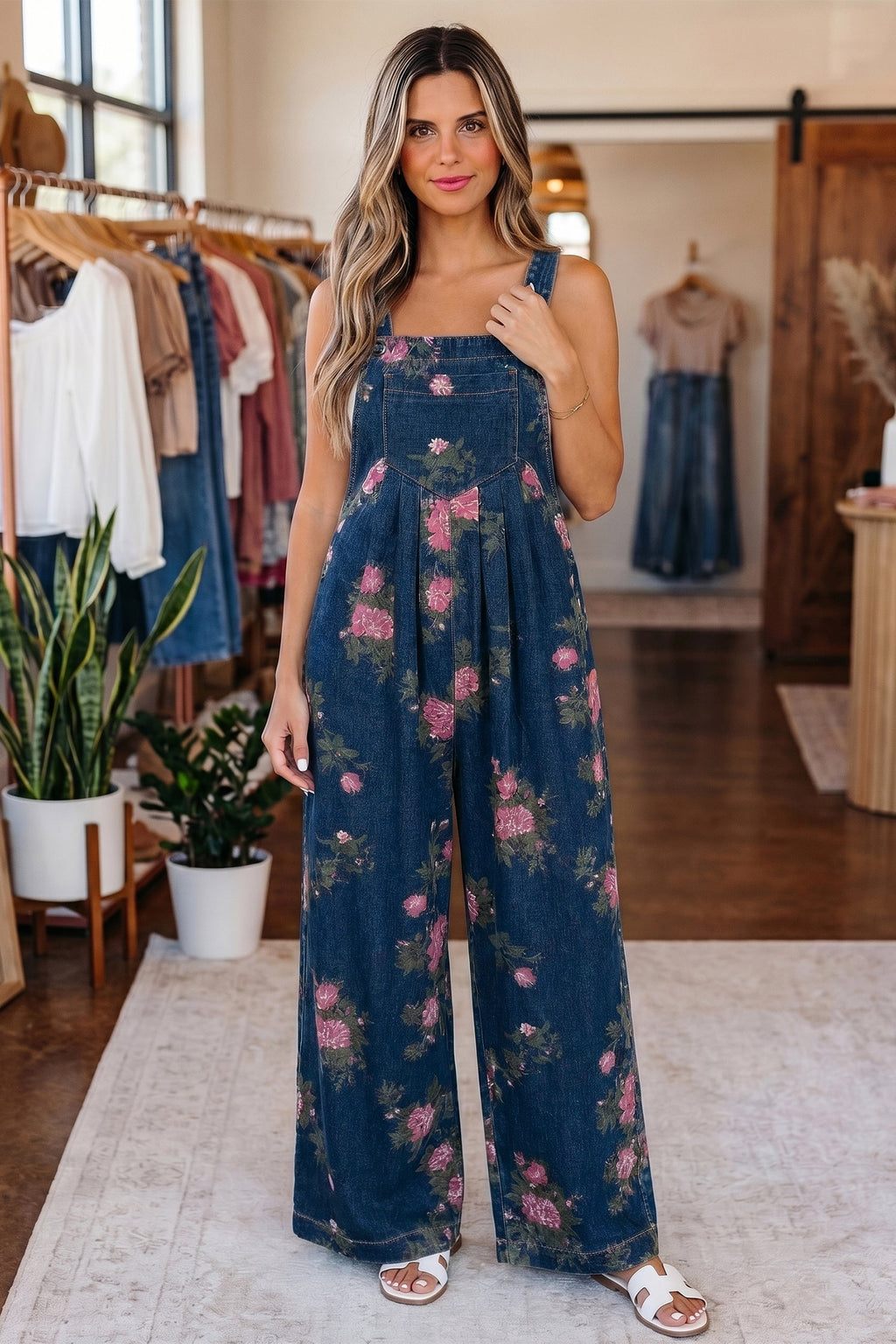 Akira waist wide leg jumpsuit in blue vintage washed denim with adjustable buttoned shoulder straps