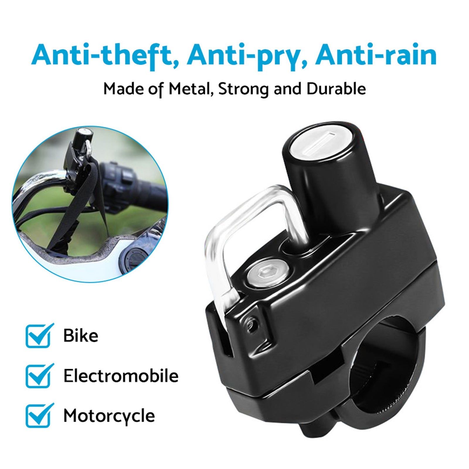 Black metal motorcycle helmet lock with two keys for 22mm and 25mm handlebar frame tubes — view 3