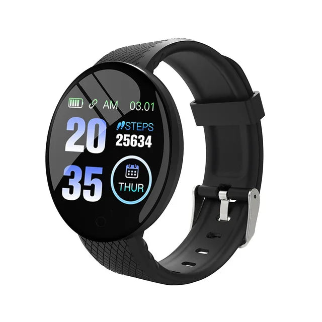 Black fitness smart watch with single touch screen display and comfortable everyday activewear band