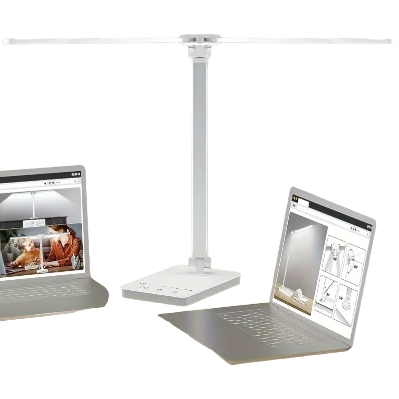 White modern adjustable folding LED desk lamp with double arms and square shade on a desk