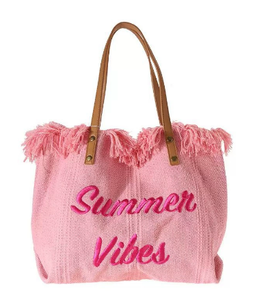 Large woven canvas tote bag for women featuring embroidered letters and sturdy shoulder carry straps — view 3