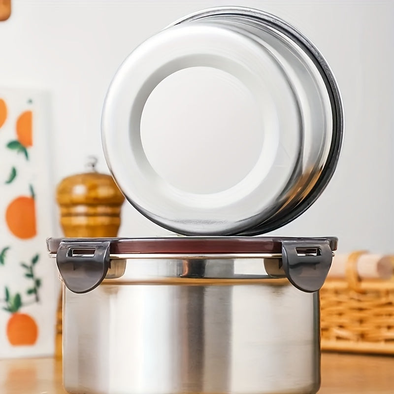 Three round stainless steel food storage containers with black leakproof clip-on lids — view 3