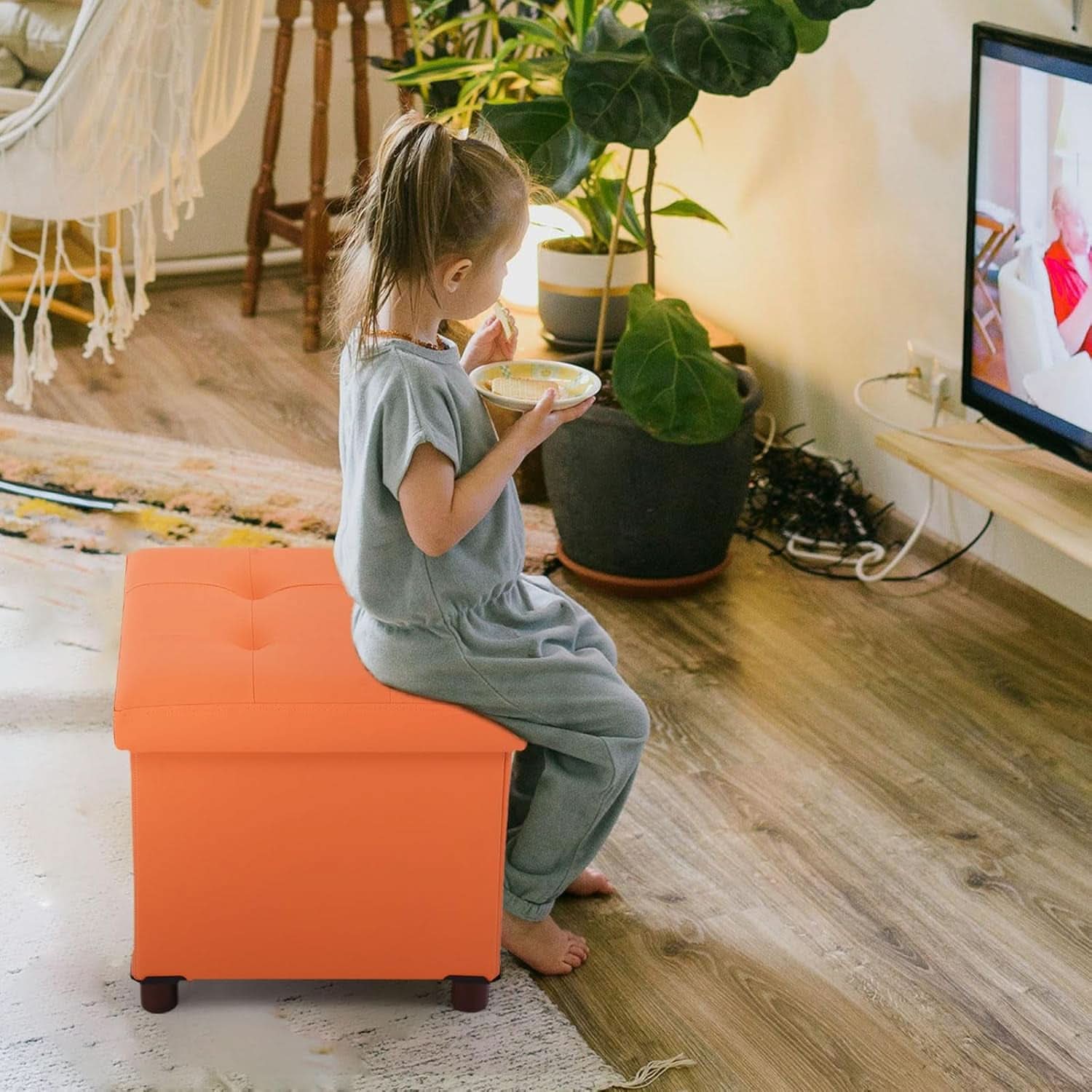 Orange faux leather storage ottoman with a solid wooden tray table top for living rooms — view 4