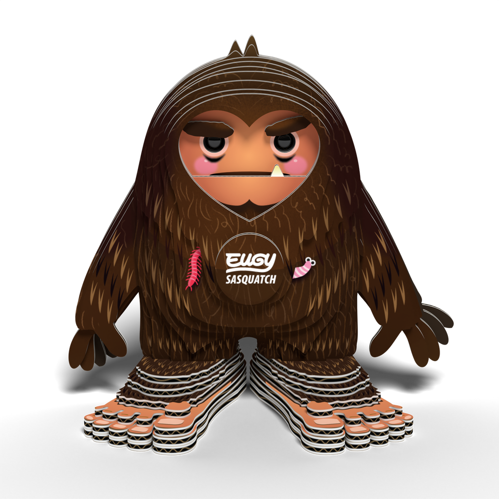 EUGY Sasquatch 3D puzzle made of brown cardboard with large feet and a grumpy face — view 3