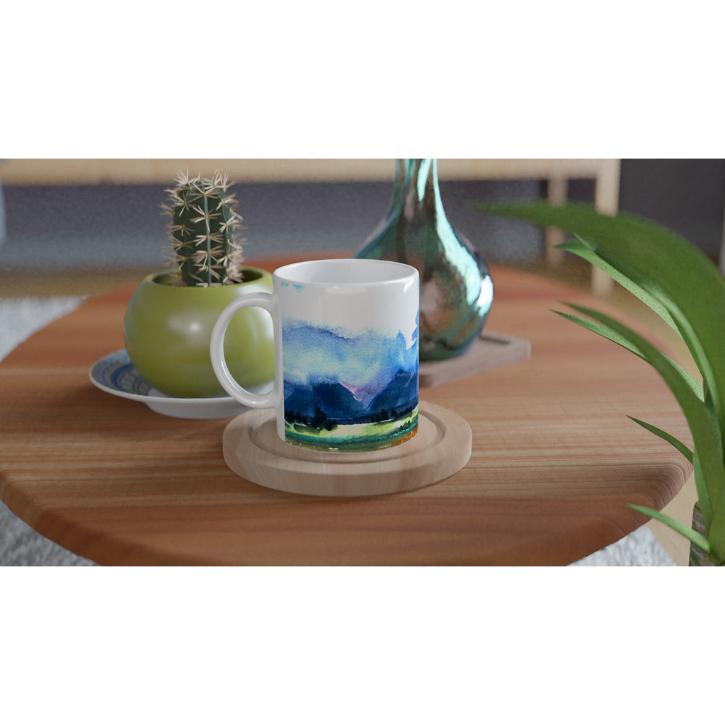 11oz White Ceramic Mug| Coffee Cup with 'Tranquil Mountain View 4' Artwork by American Artist Barbara Cleary-3