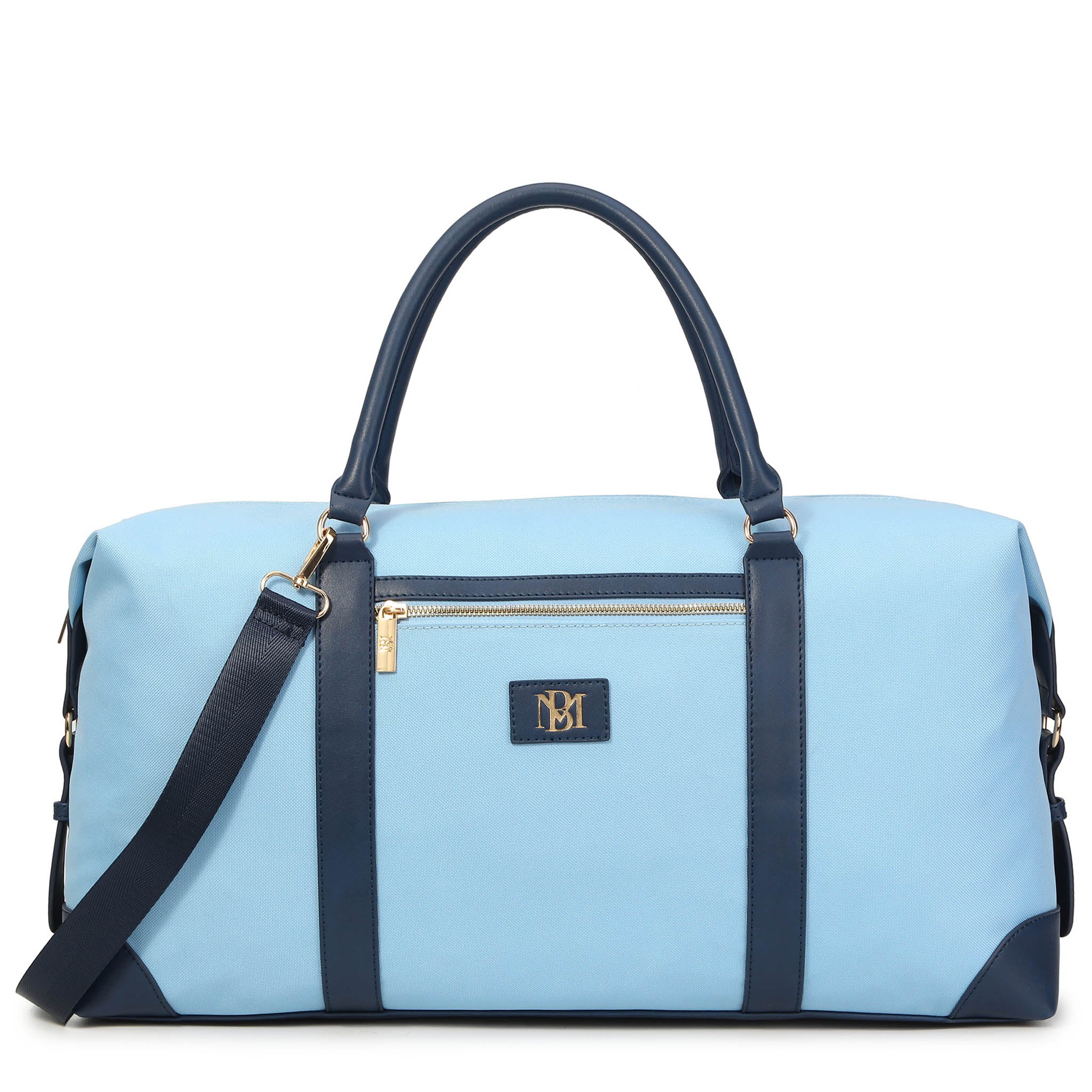 Canvas weekender duffel bag with vegan leather straps and shiny gold hardware