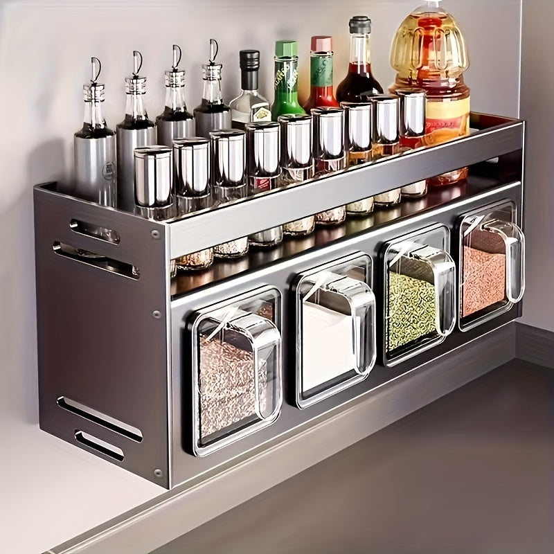 Wall-mounted aluminum spice rack in dark grey with clear storage jars on a kitchen wall — view 2