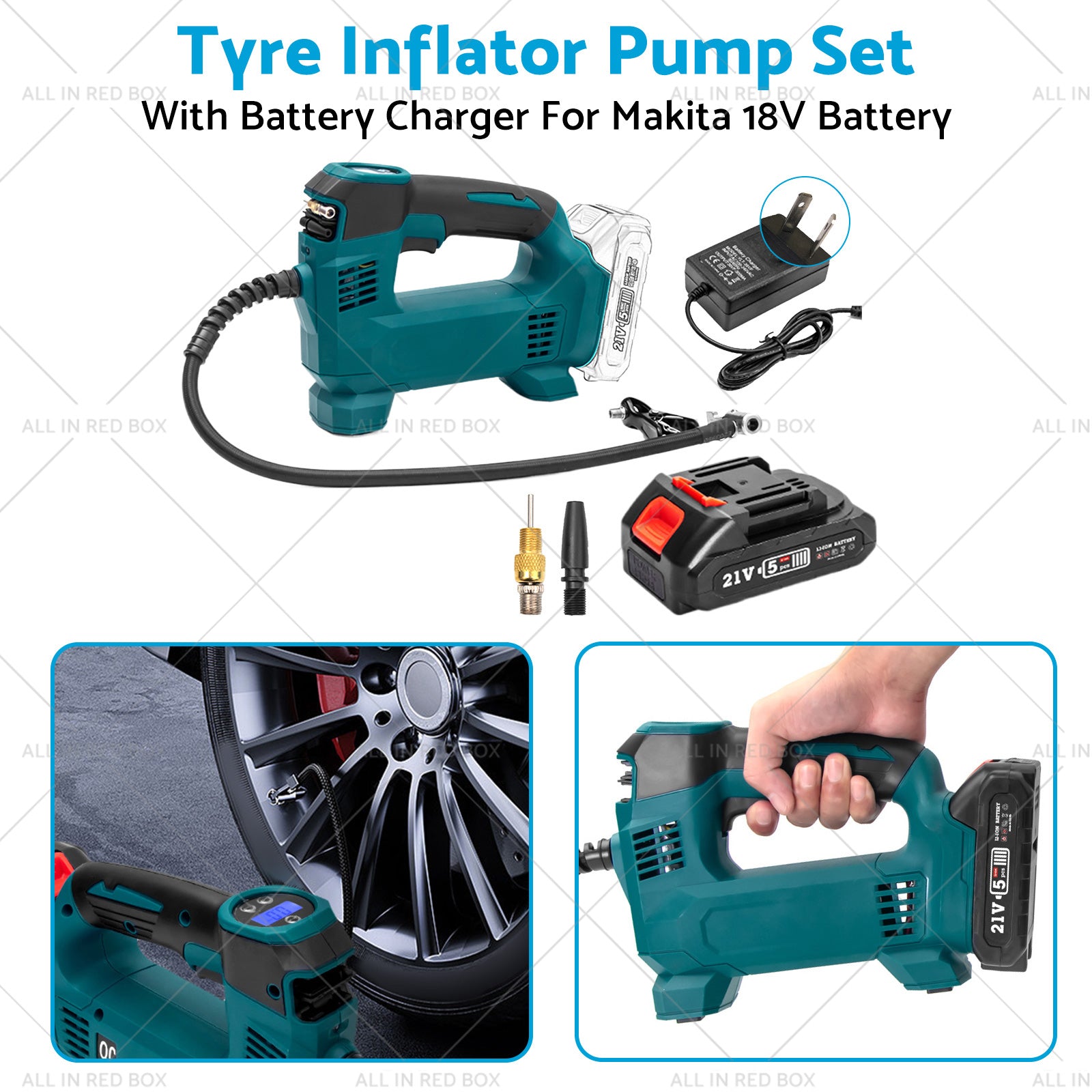 Cordless portable tyre inflator pump with digital display, battery, charger, and multiple valve adapters — view 4