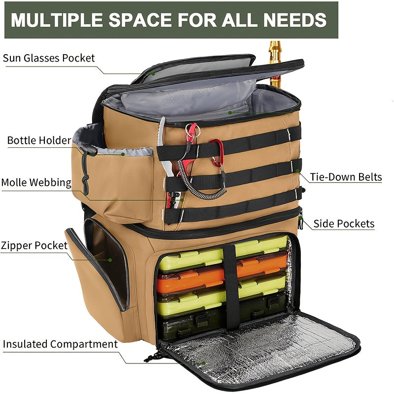 Khaki polyester fishing tackle backpack with integrated rod holders and a built-in cooler compartment. — view 2