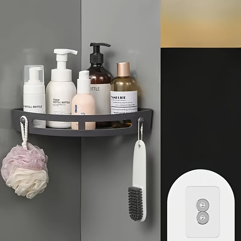 Black plastic no-drill corner shower caddy with adhesive wall mount for bathroom storage organization — view 5
