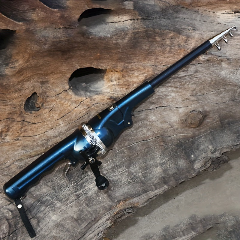Compact pocket fishing rod with built-in reel and pre-spooled line in mixed color resin — view 3