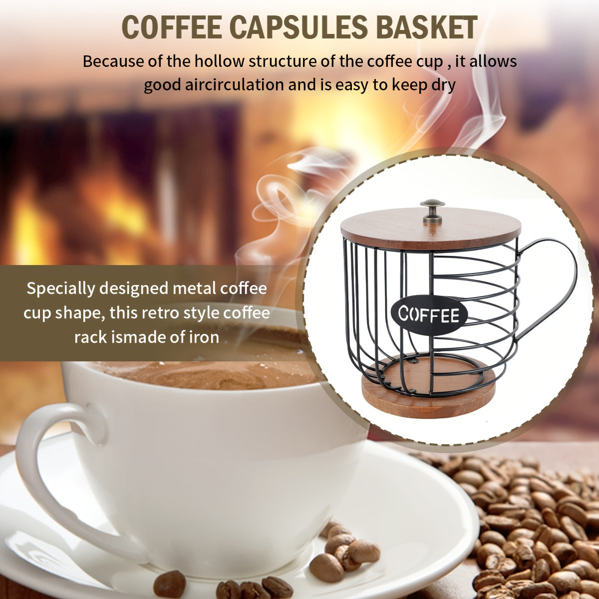 Coffee pod holder with wooden base and metal wire basket for kitchen countertop organization. — view 5