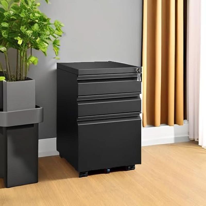 Black 3 drawer mobile file cabinet under desk steel storage unit with lock and caster wheels — view 2