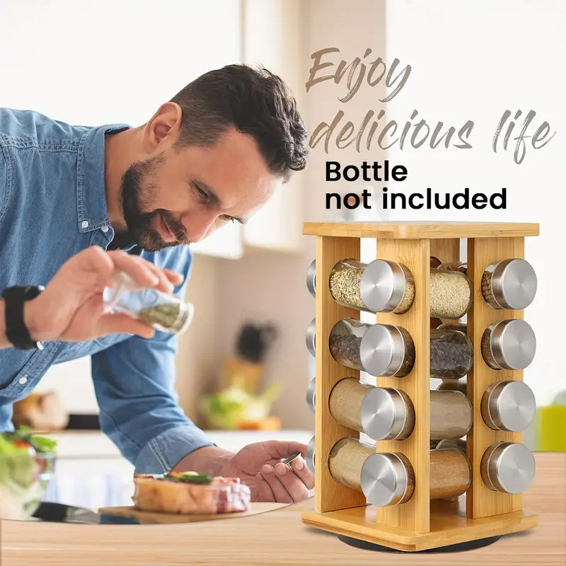 Burlywood natural bamboo revolving 16-jar spice rack organizer for kitchen countertops — view 2