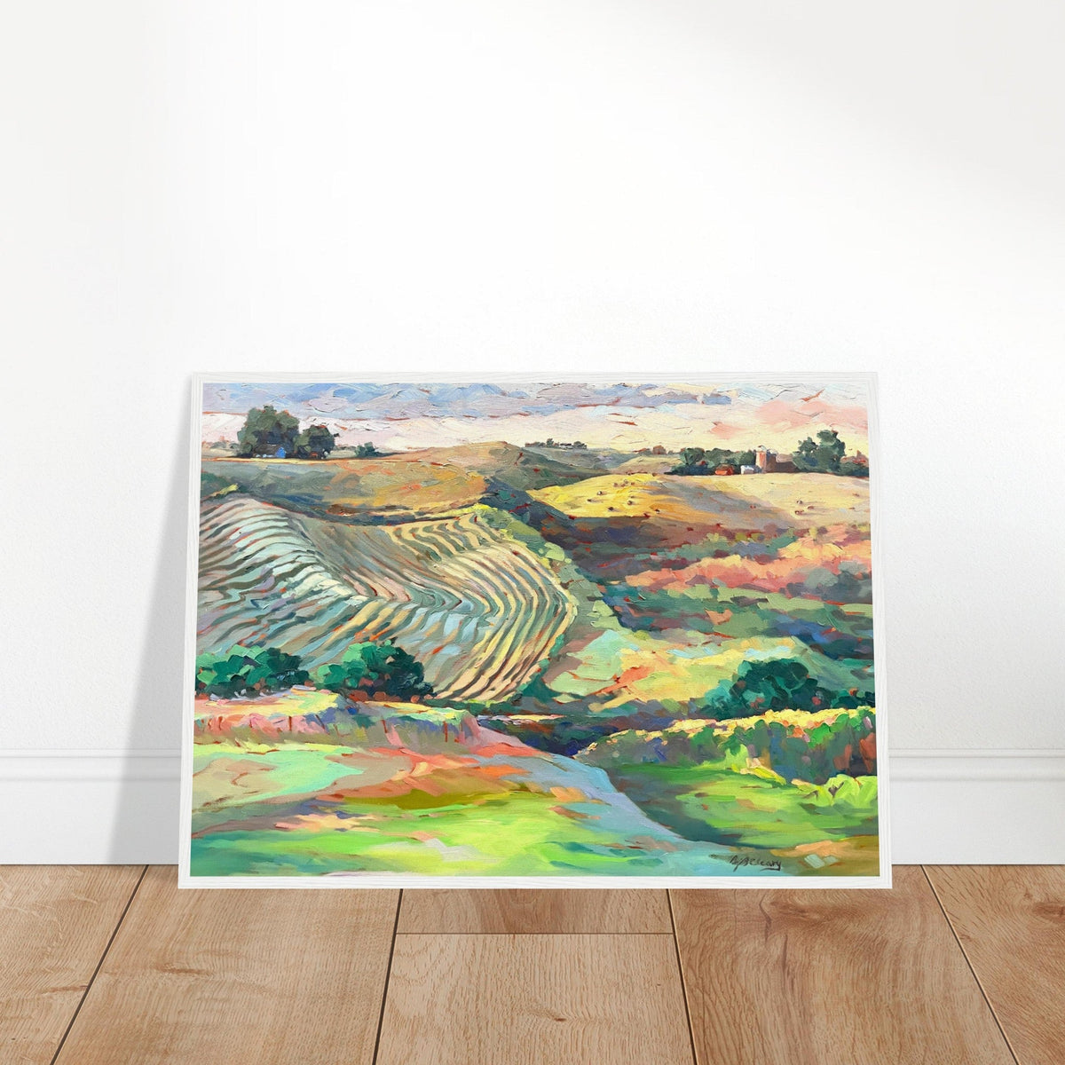 "Golden Sunset Over Rolling Hills" Landscape | 20x28 inch Wooden Framed Art Print | Original Artwork by American Artist Barbara Cleary-0