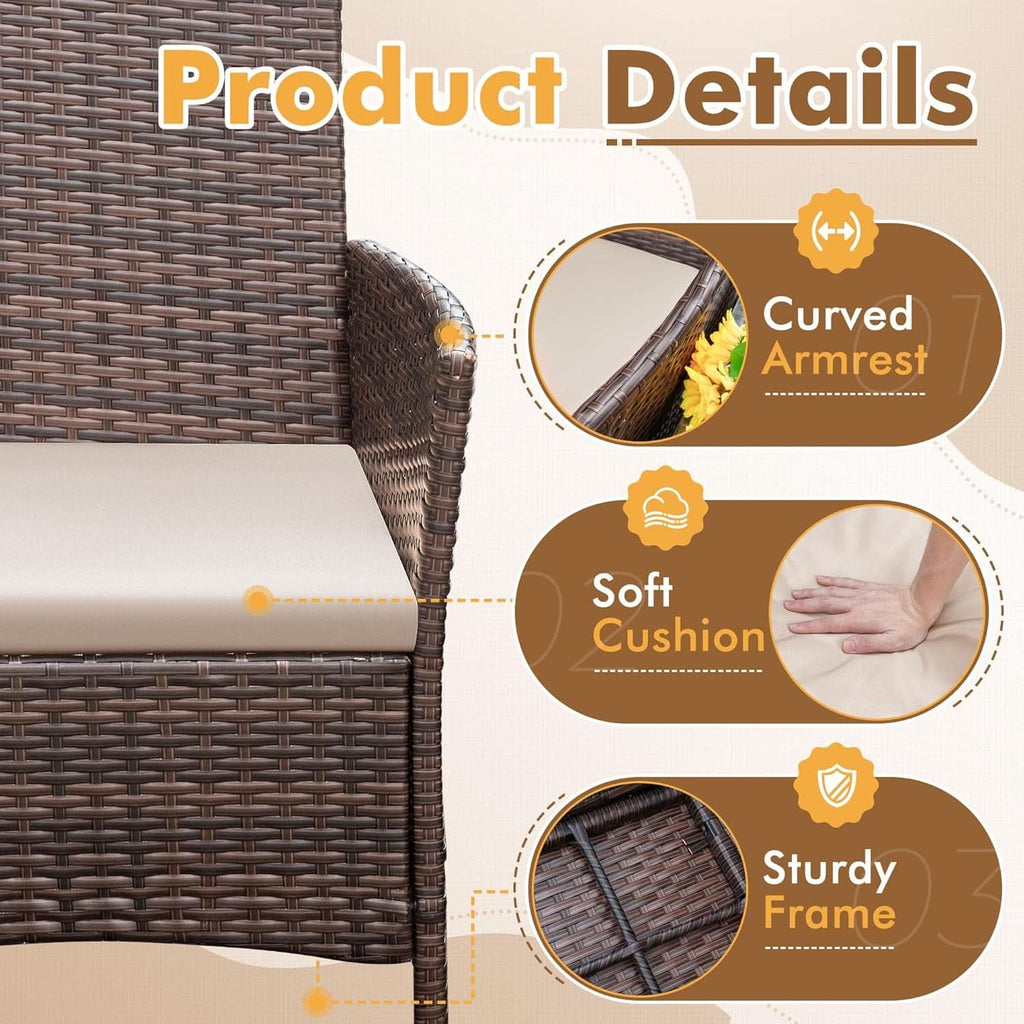 Three piece brown rattan outdoor patio set with two cushioned chairs and a tempered glass table — view 3