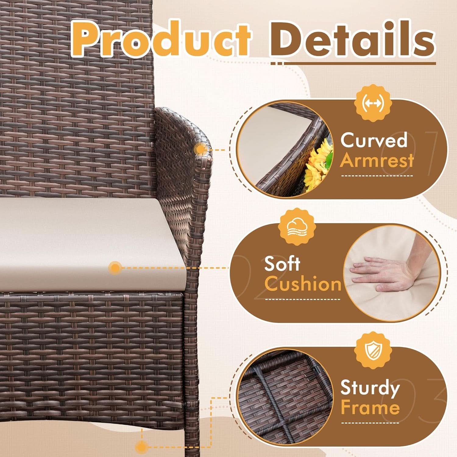 Three piece brown rattan outdoor patio set with two cushioned chairs and a tempered glass table — view 3