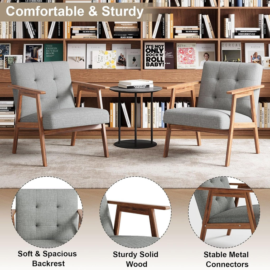 Gray upholstered accent chair with dark fabric and walnut wood frame in contemporary mid century style — view 5