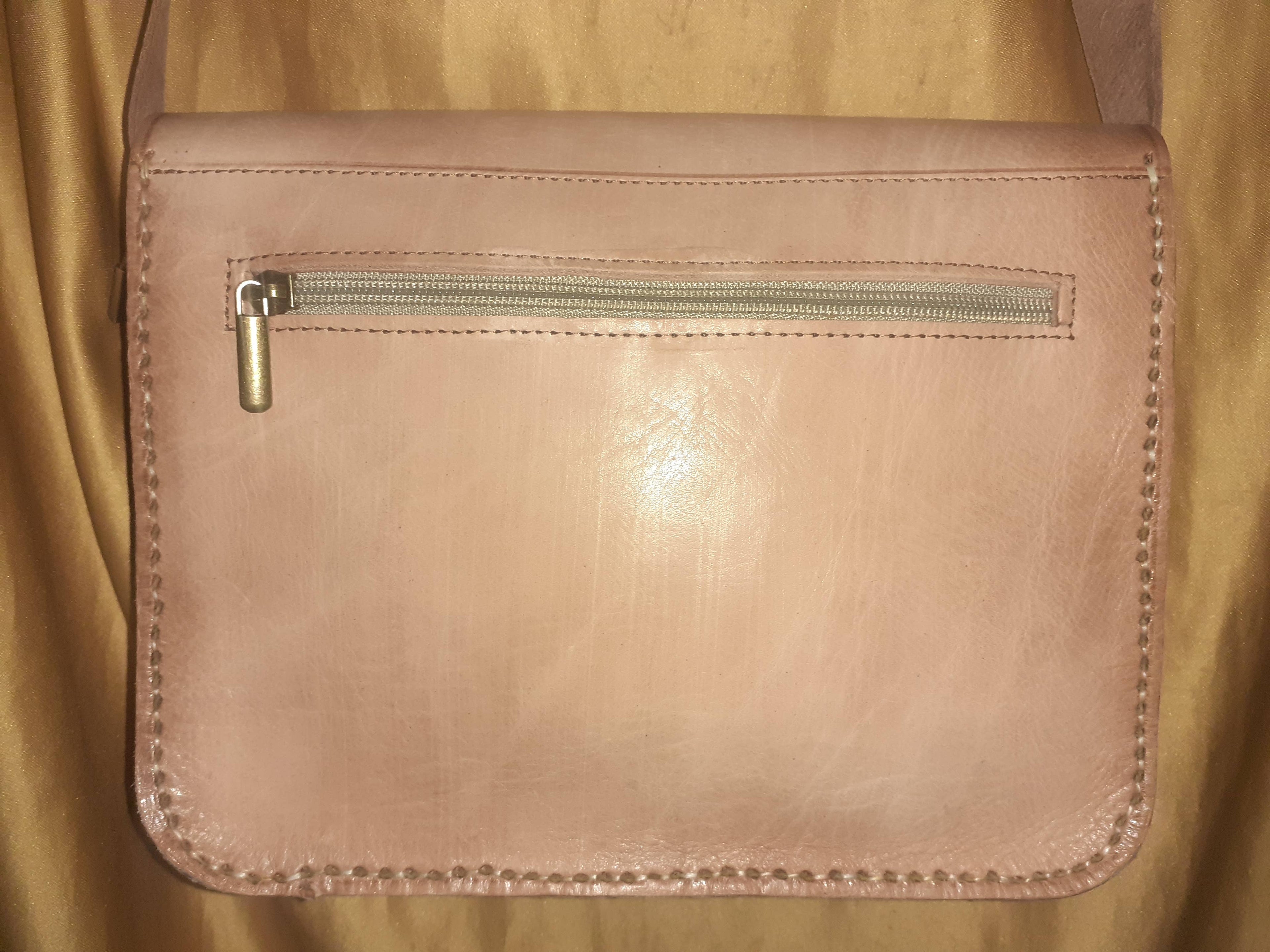 Two-tone leather crossbody bag with rustic finish, front zipper pocket, and long adjustable shoulder strap — view 3