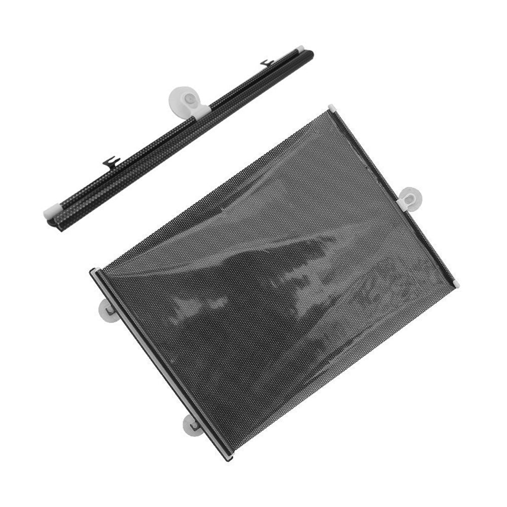 Black PVC retractable front windshield sun shade visor with suction cups mounted in car interior — view 2