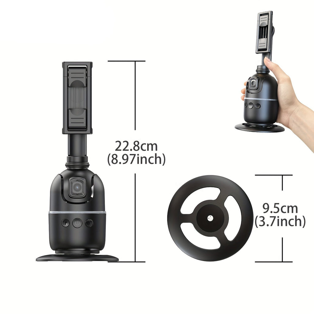 Black smart AI selfie stick with 360 degree rotating smartphone holder and built-in stabilization — view 2