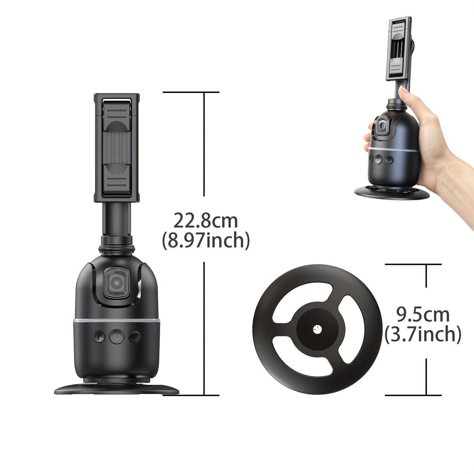 Black smart AI selfie stick with 360 degree rotating smartphone holder and built-in stabilization — view 2