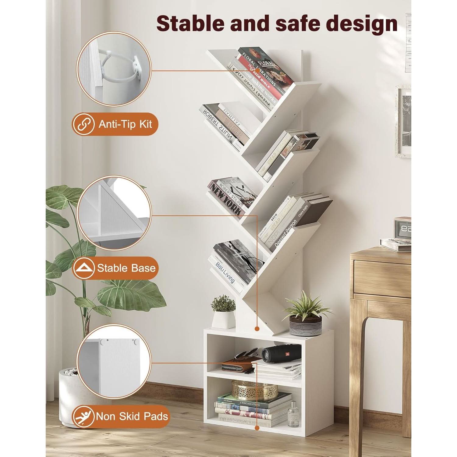 White 6-tier tree bookshelf with bottom storage cabinet, displaying books in a modern home office. — view 5