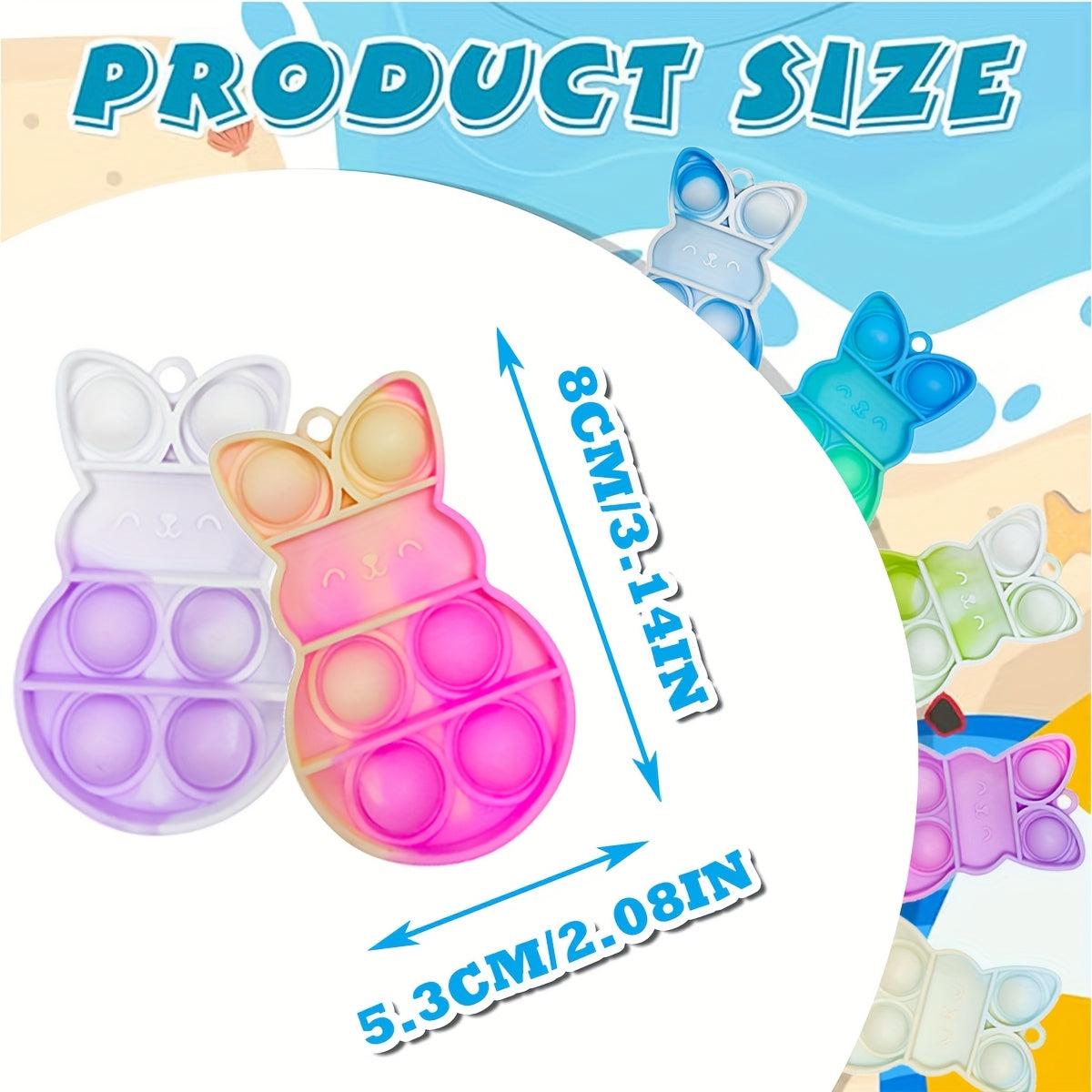24 pack of assorted colorful rubber Easter bunny pop fidget toy keychains with metal rings — view 2