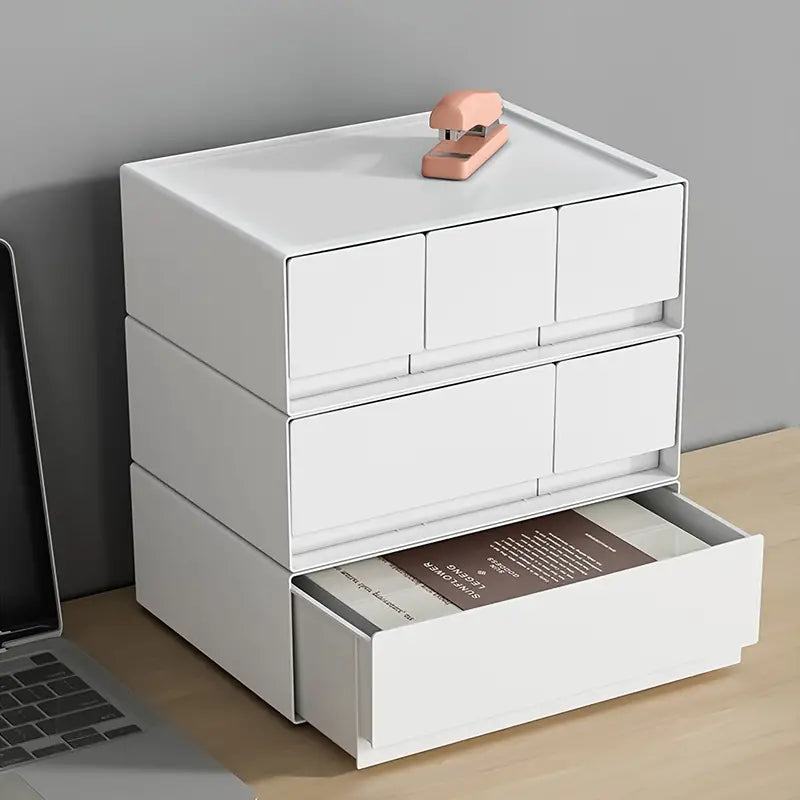 Stackable white plastic bedside drawer organizer with multiple storage layers for bedroom essentials — view 5